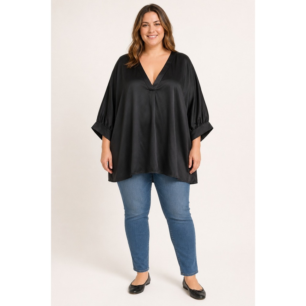 Entro Women's 1XL Black Satin V-Neck Oversized Tunic Top 3/4 Sleeve